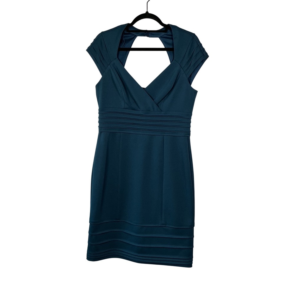 Maggy London Teal Blue Pleated Cutout Back Sheath Dress Size 12